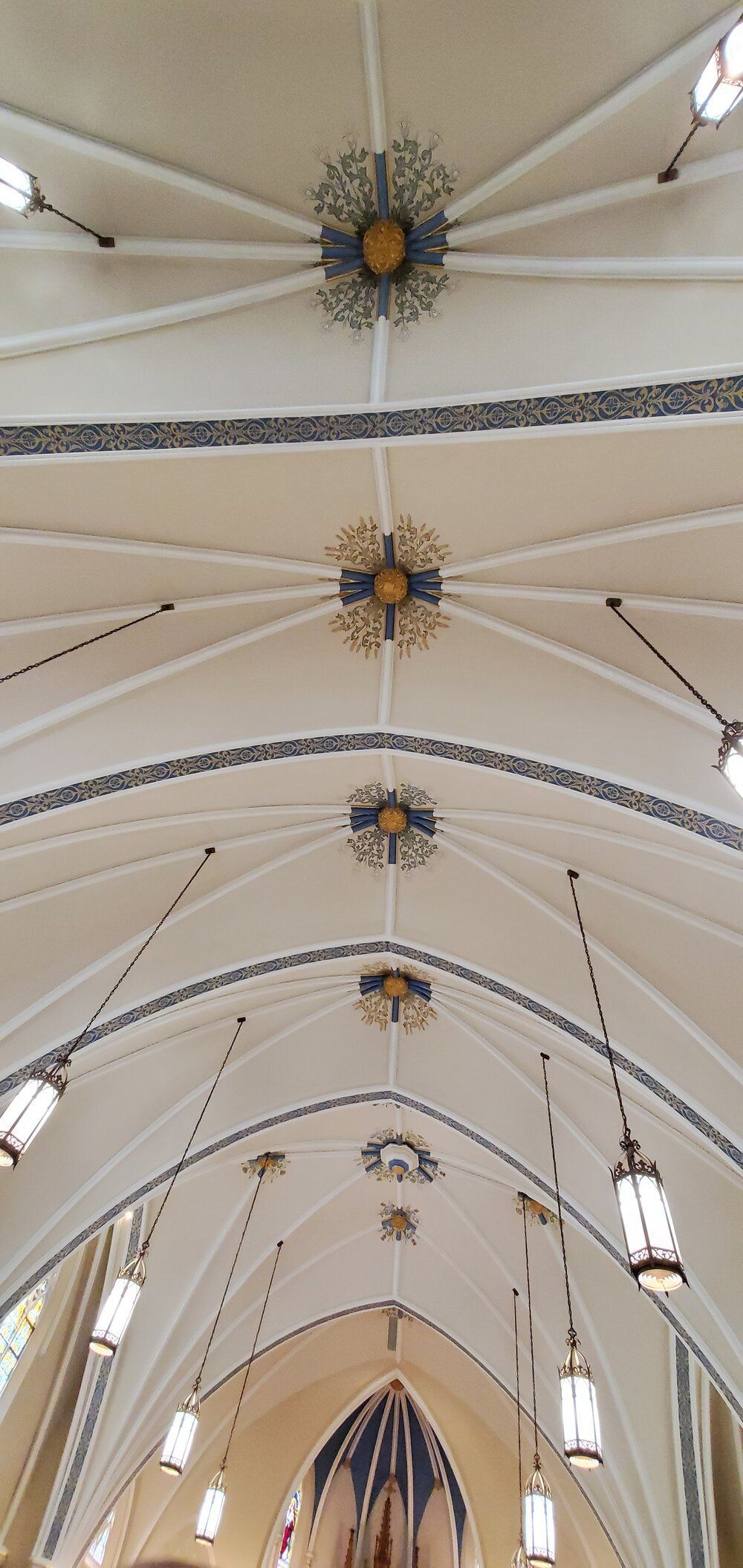Looking up at the ceiling of a church with a vaulted ceiling.