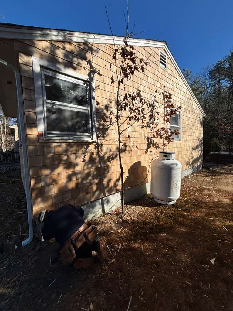 Tan shingled house exterior with propane tank, tree, firewood, and window. Sunny day with shadows.