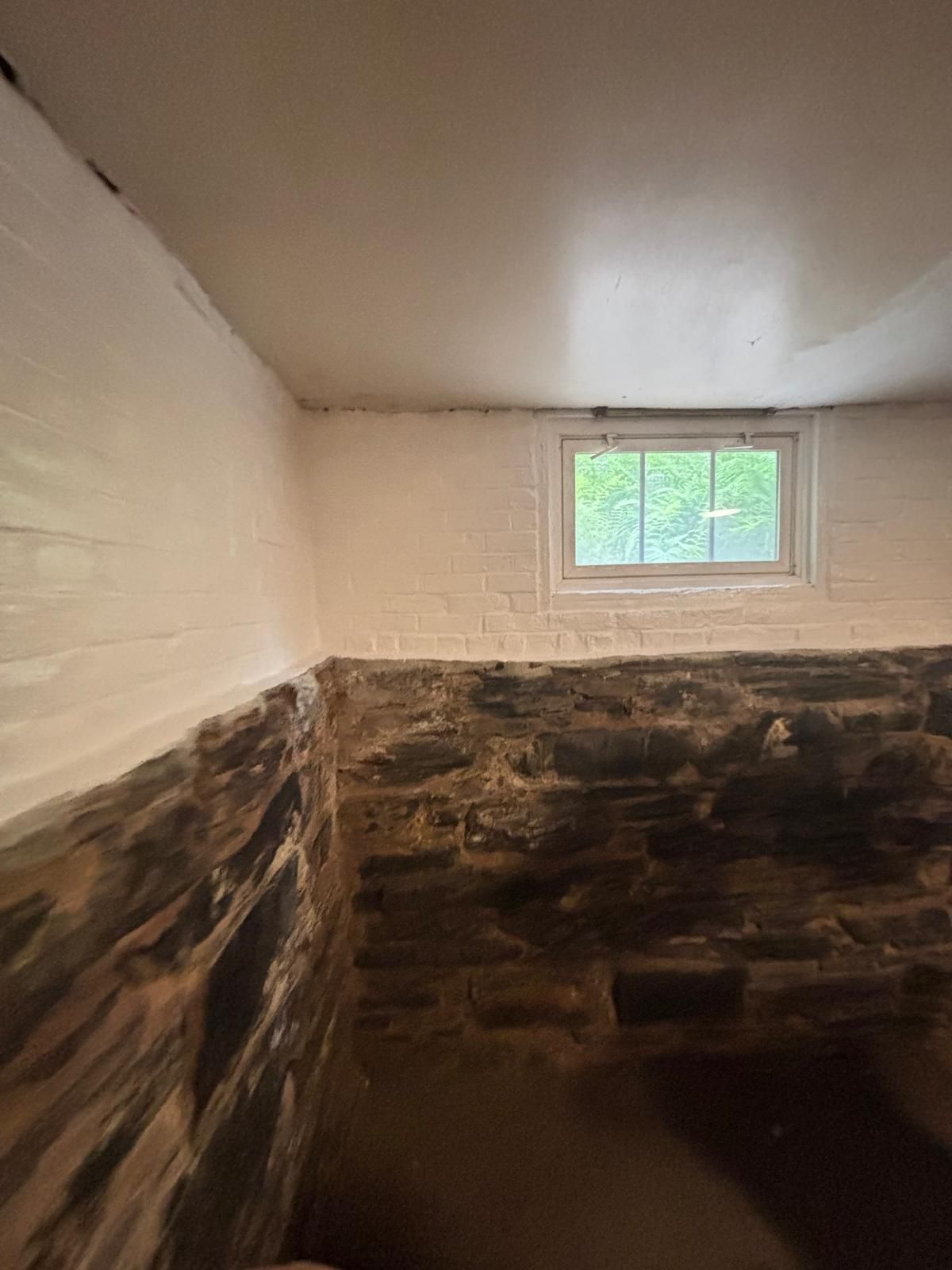Stone and painted basement walls; small window; white ceiling.