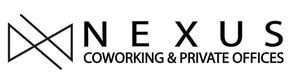 The logo for nexus coworking and private offices is black and white.