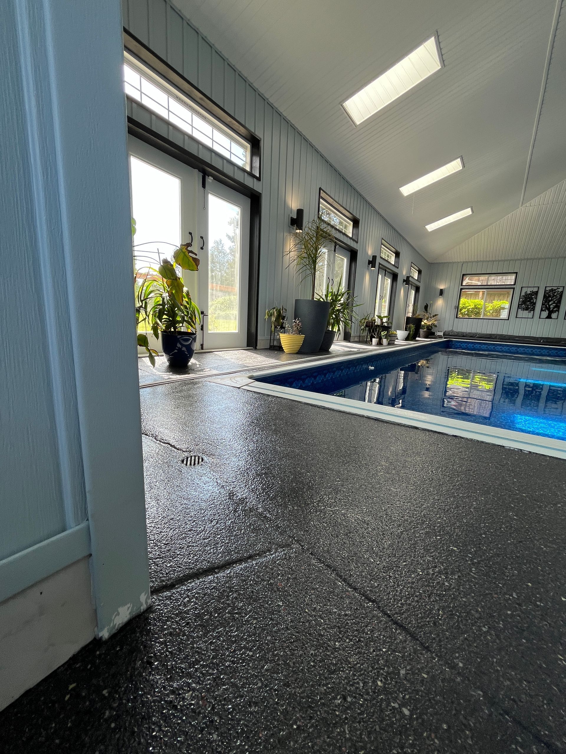 Indoor swimming pool with dark floor, glass doors, and potted plants. The pool is blue, with a bright white ceiling.