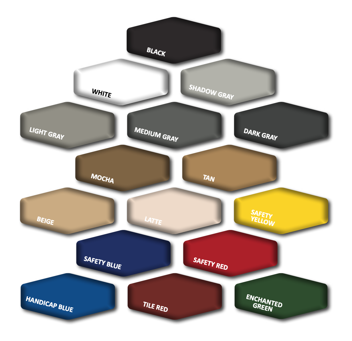 Color swatches arranged in a pyramid, showcasing various paint colors, including black, white, gray, beige, yellow, blue, and red.