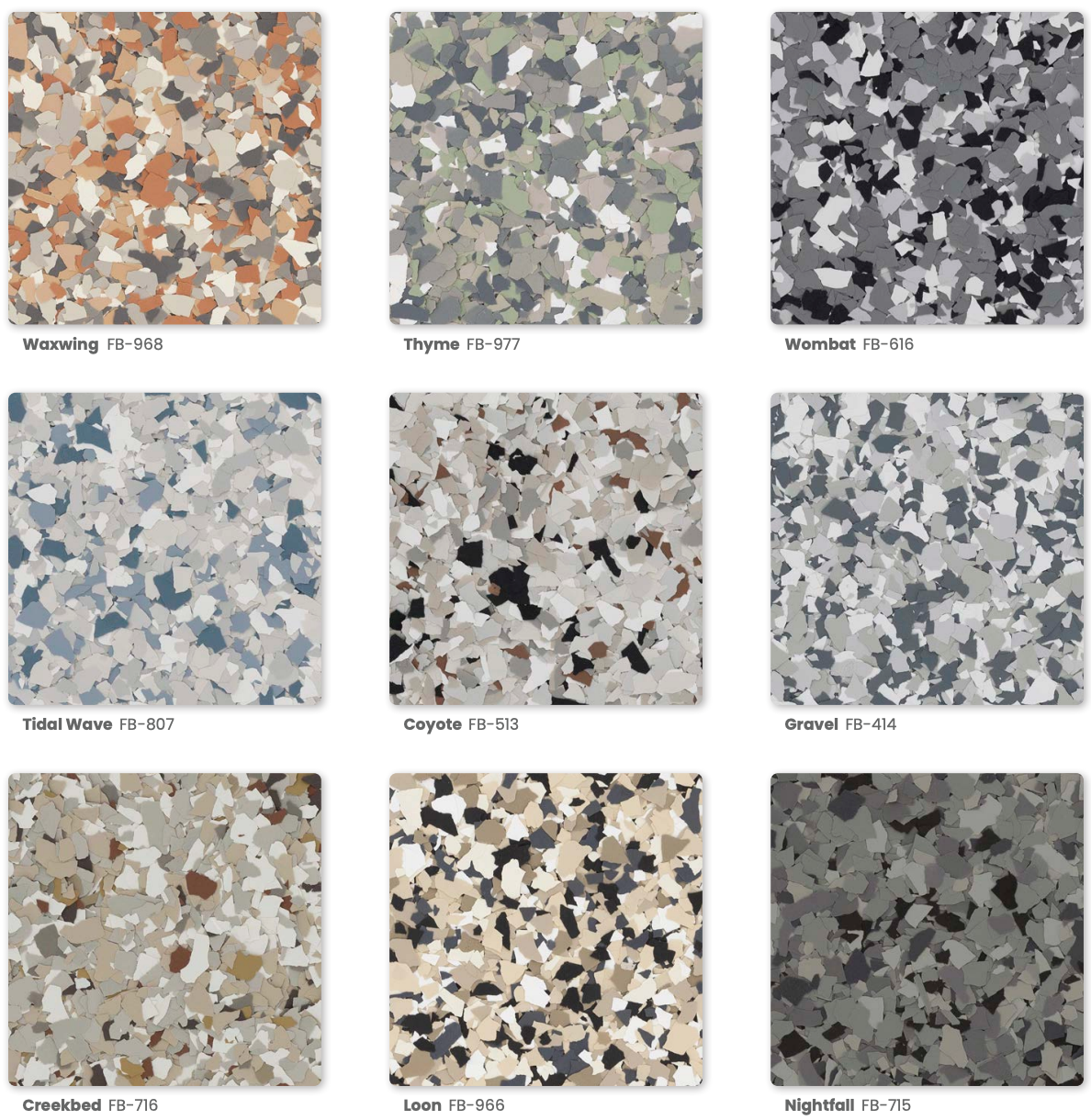 Nine samples of speckled epoxy floor coatings in various color combinations.