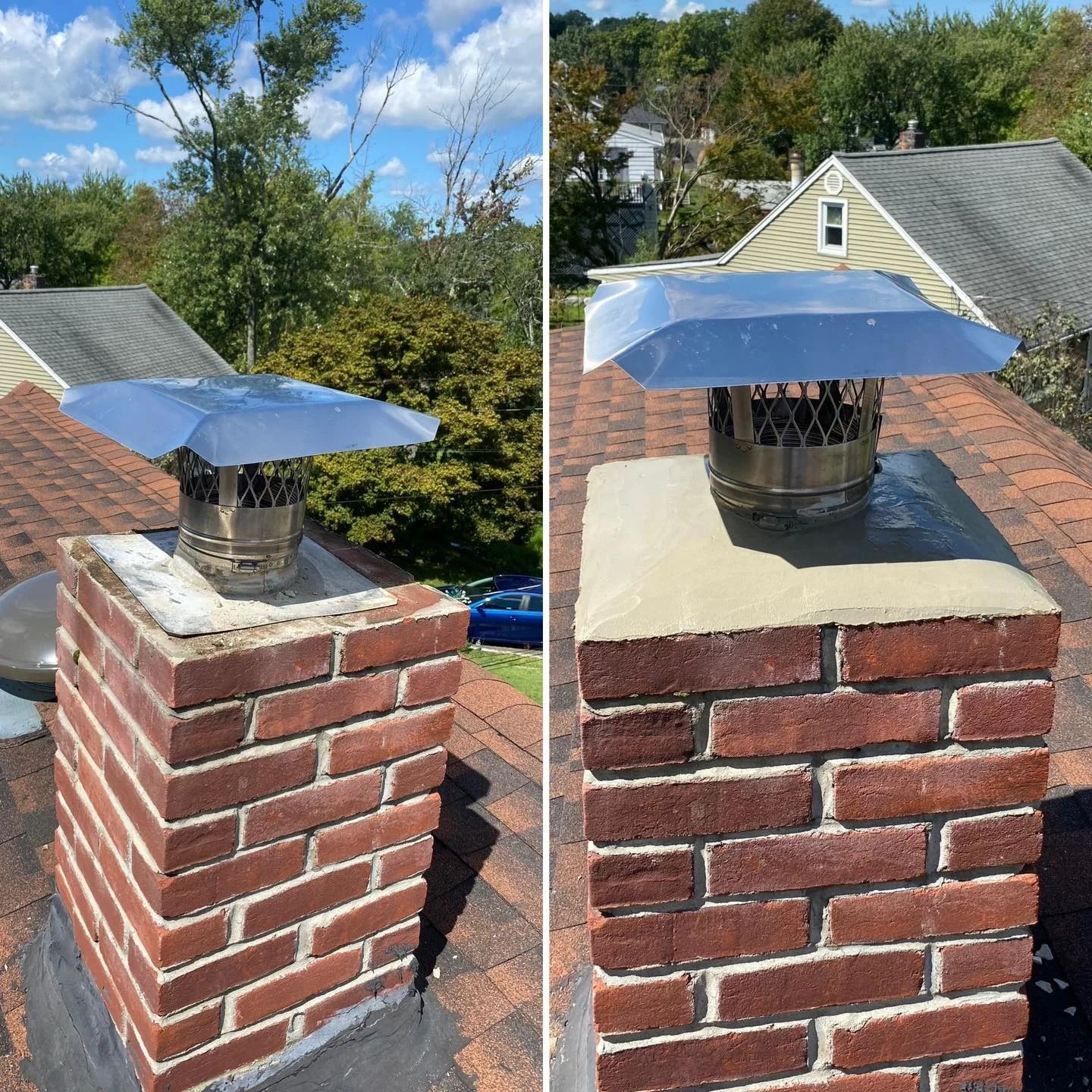 Two views of a brick chimney with a silver chimney cap on a rooftop, sunny day.