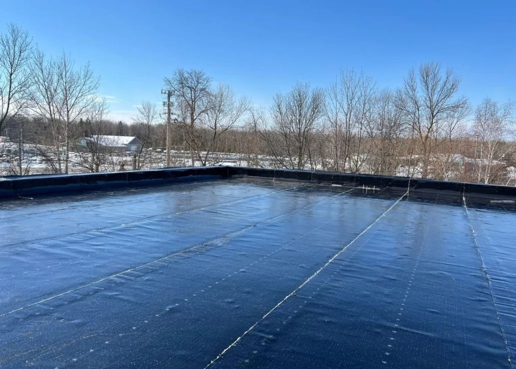 Flat, black rooftop with shimmering surface, snowy landscape, and bare trees under a clear blue sky.