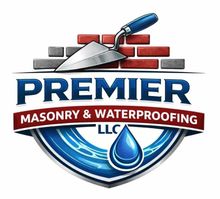 Logo for Premier Masonry & Waterproofing LLC: brick, trowel, and water drop illustration.