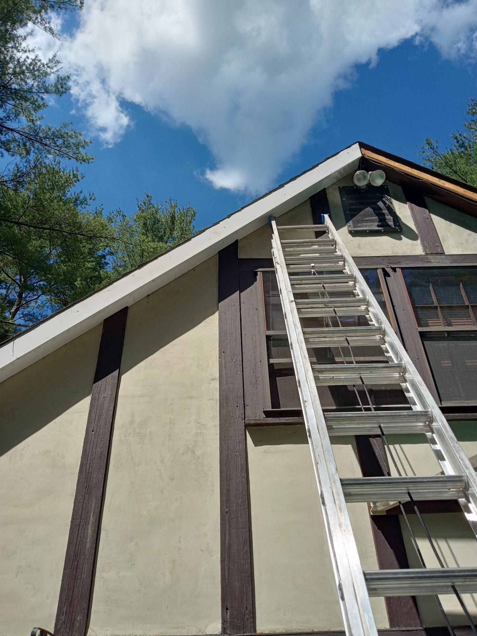 Ladder leaning against a Tudor-style building with a blue sky and clouds overhead.