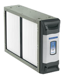 Black and gray rectangular air filter unit with white pleated panels and a blue control panel