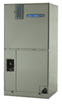 Gray electrical cabinet with a blue label and black control panel on the lower left