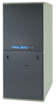 Gray metal electrical cabinet with a small blue label and two black handles on the front