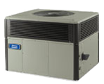 Gray rooftop air conditioning unit with a top fan and side vent panels