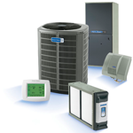 Assorted HVAC equipment: outdoor AC unit, thermostat, and air handler on white background