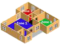 3D house floor plan with three labeled zones in red, blue, and green