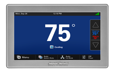 Digital thermostat touchscreen showing 75° on a blue screen with menu buttons and temperature controls