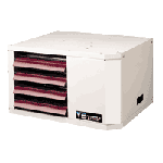 White storage box with five pink and black drawers on the left side