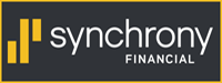 Synchrony Financial logo on dark background with yellow bar icon and white text