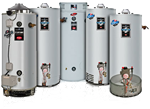 Various stainless steel water heaters and storage tanks arranged in a row