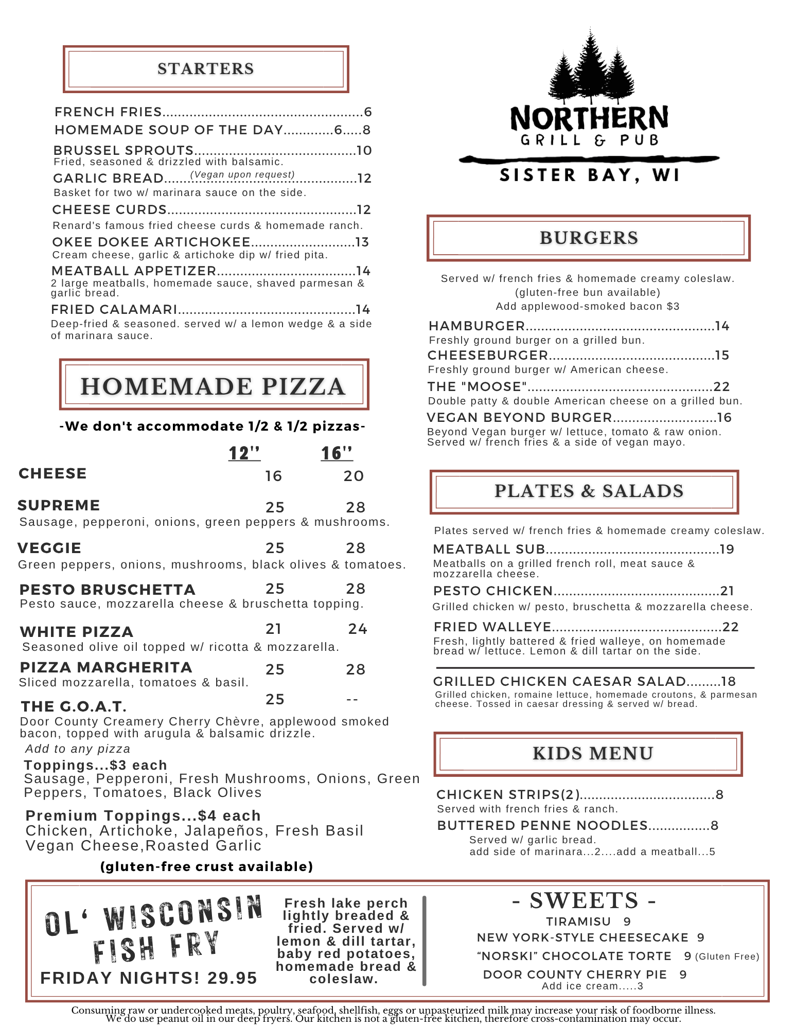 A menu for a restaurant that includes homemade pizza, salads, and sandwiches