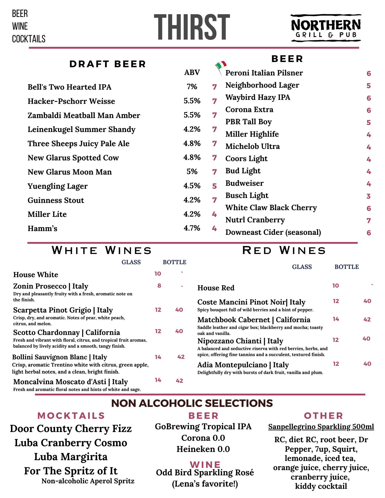 A menu for a restaurant called thirst with draft beer, white wines, and mocktails