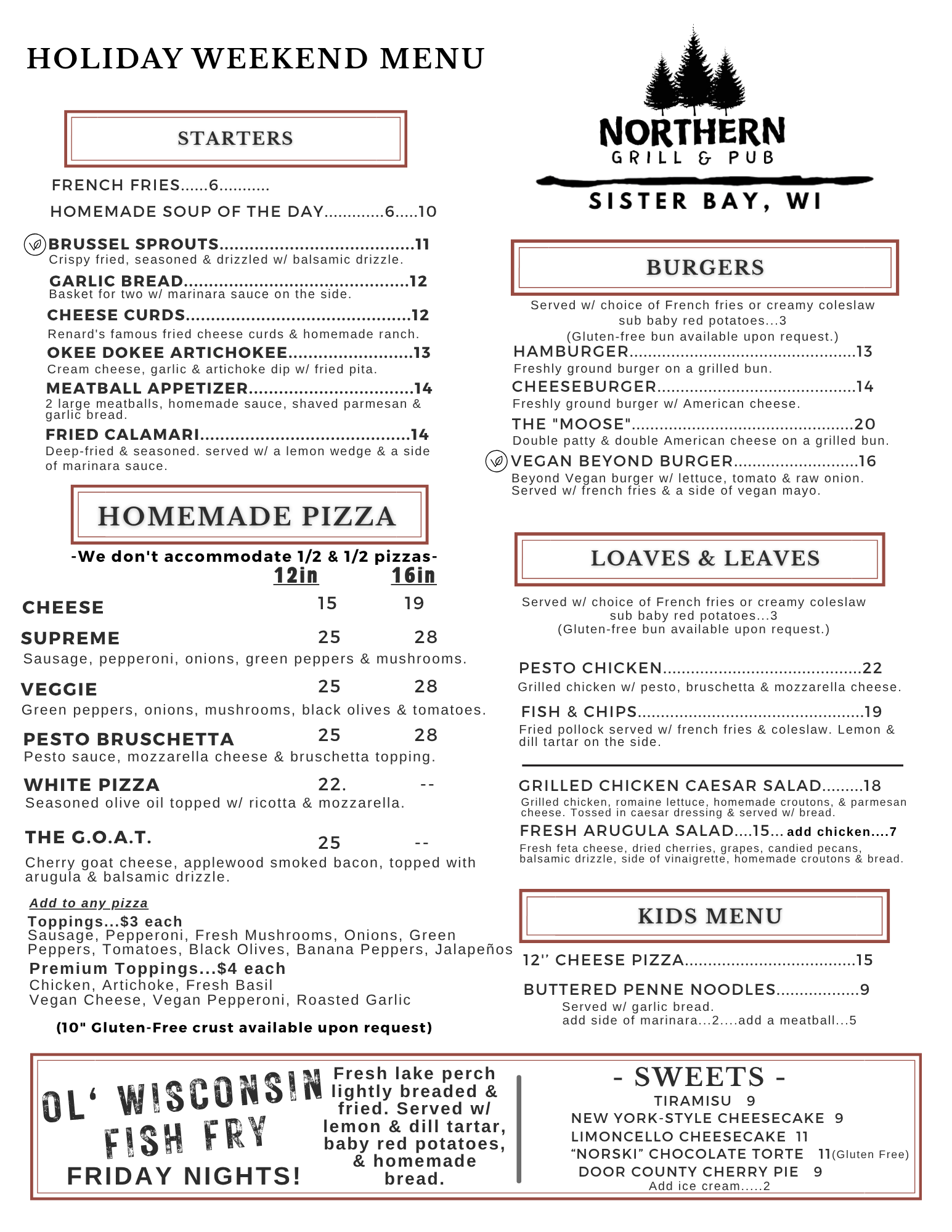 A menu for a restaurant that includes homemade pizza, salads, and sandwiches