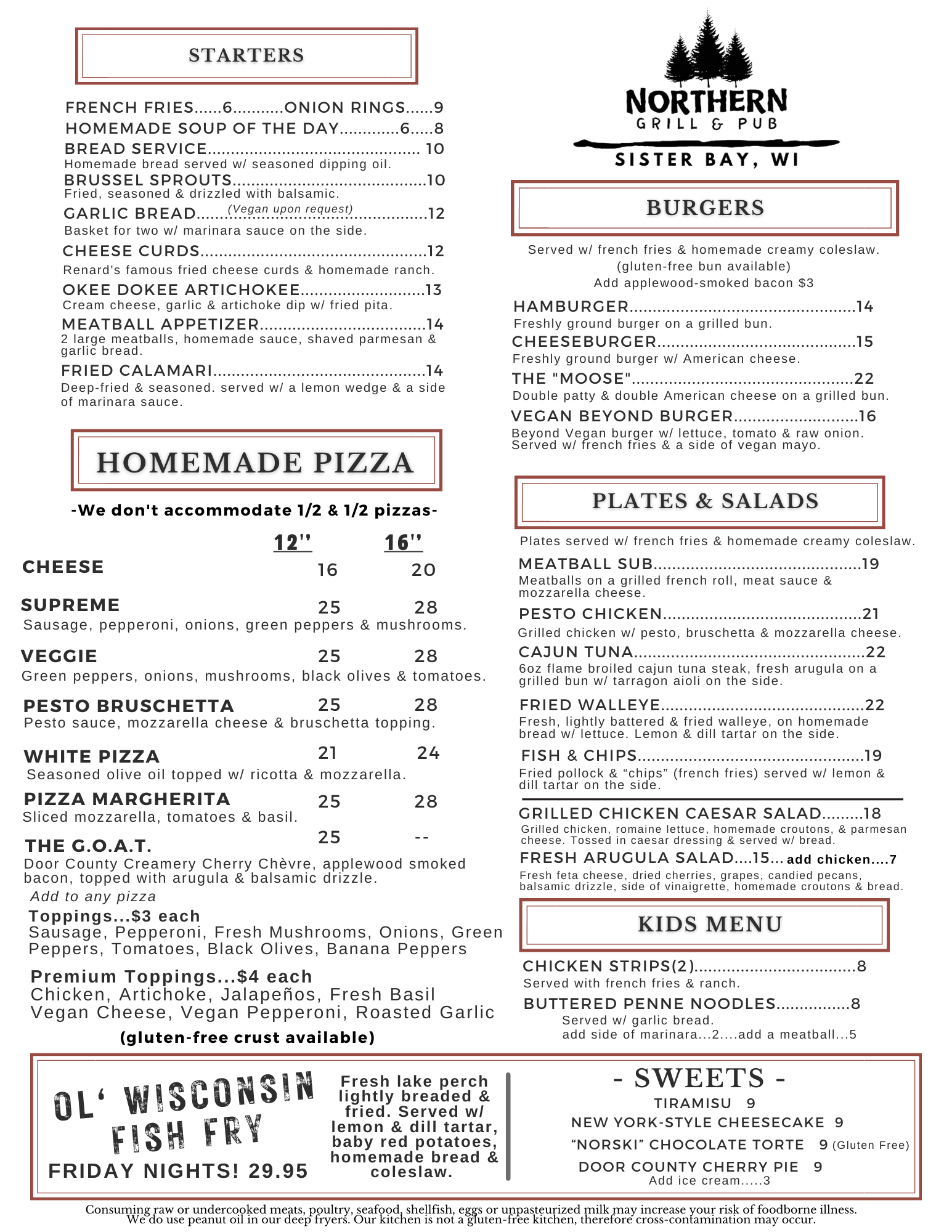 A menu for a restaurant that includes homemade pizza, salads, and sandwiches