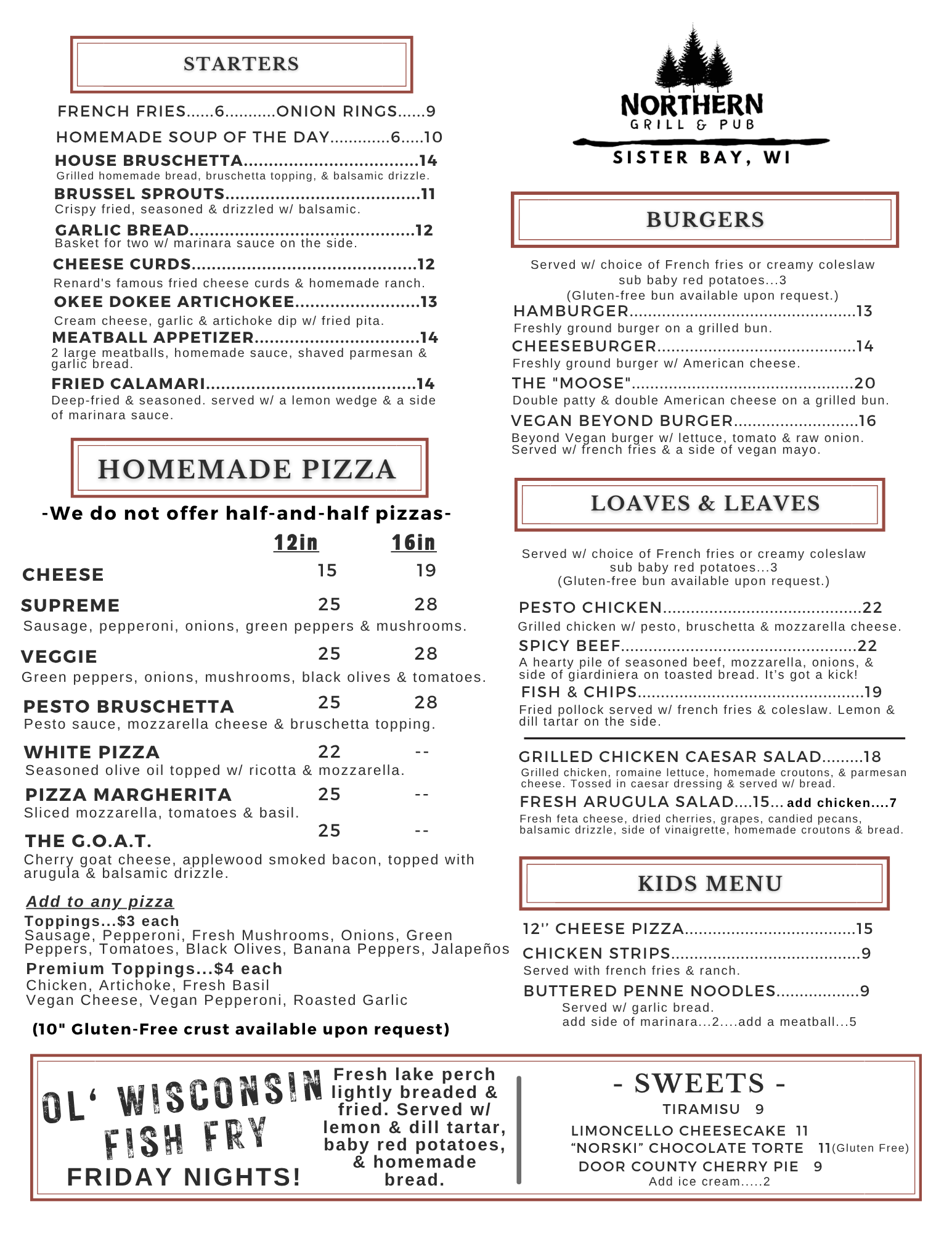 A menu for a restaurant that includes homemade pizza, salads, and sandwiches