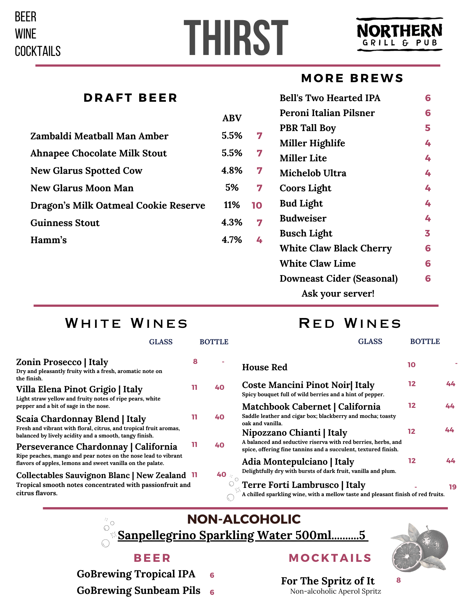 A menu for a restaurant with a list of featured cocktails