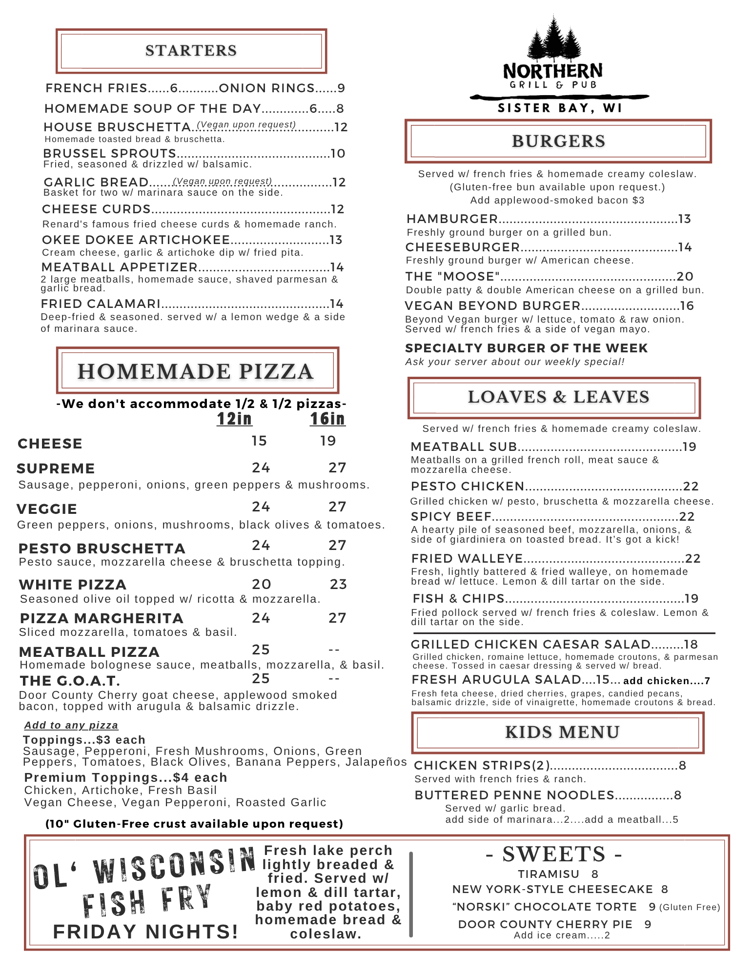 A menu for a restaurant that includes homemade pizza, salads, and sandwiches