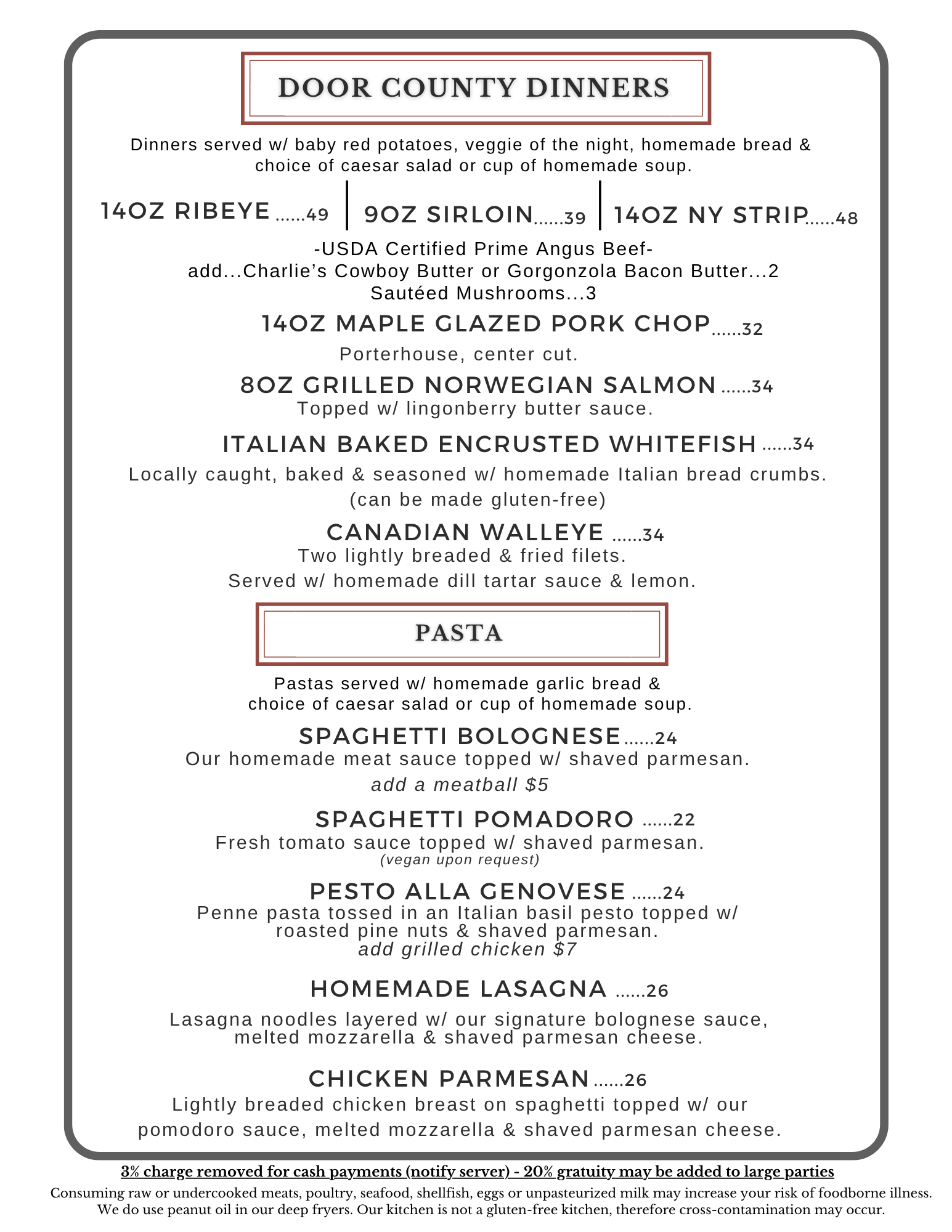 A menu for door county dinners at a restaurant