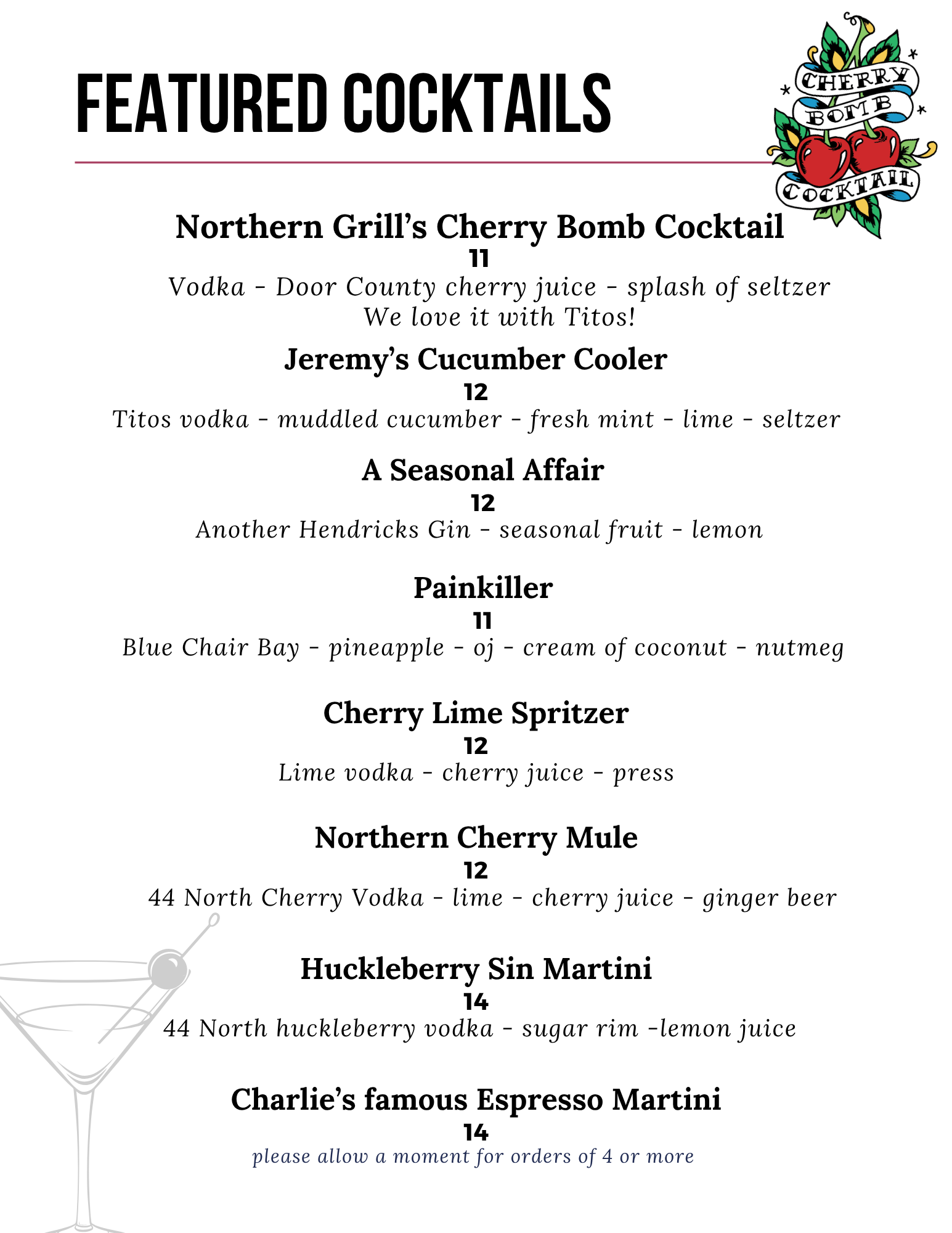 A menu for a restaurant with a list of featured cocktails