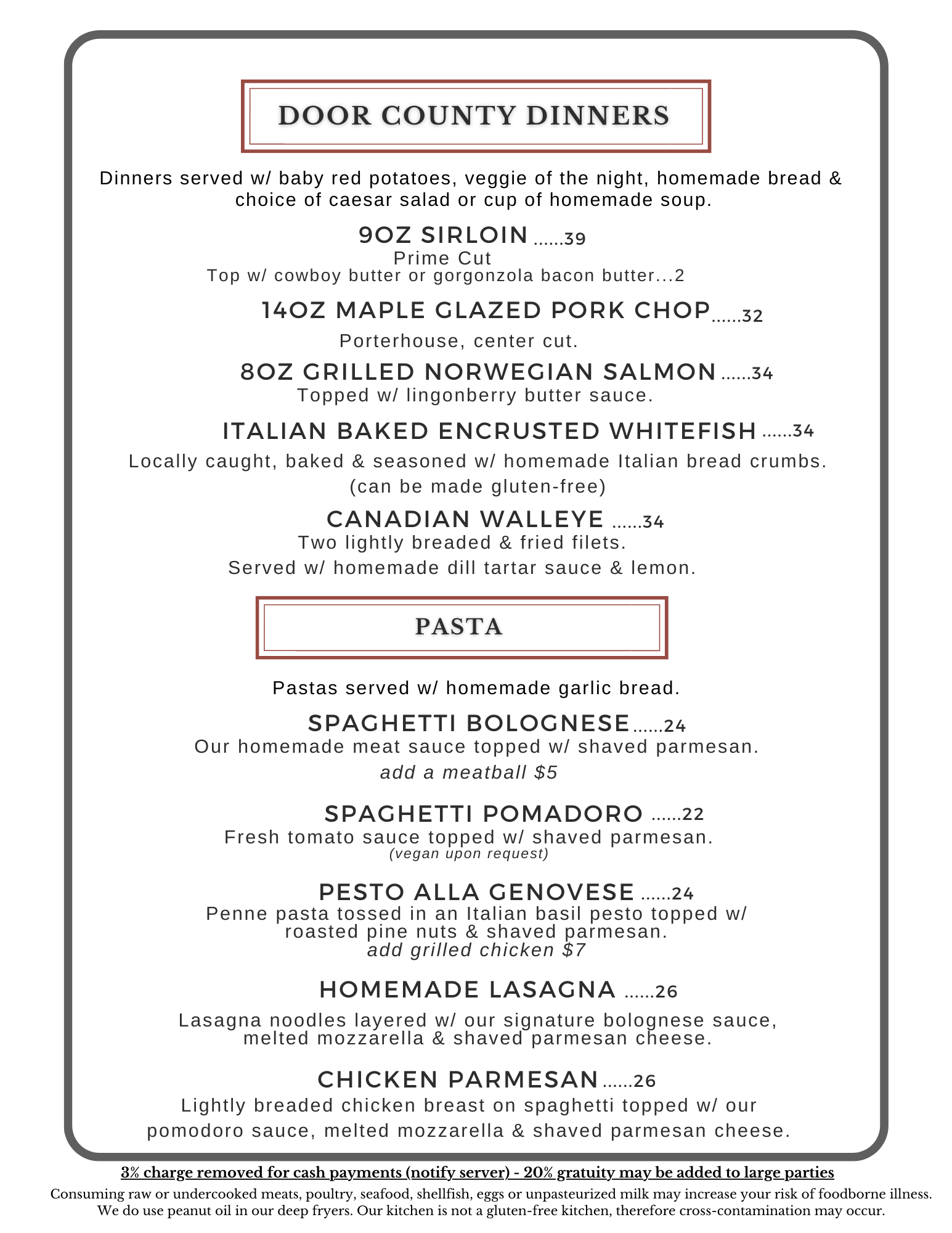 A menu for door county dinners at a restaurant