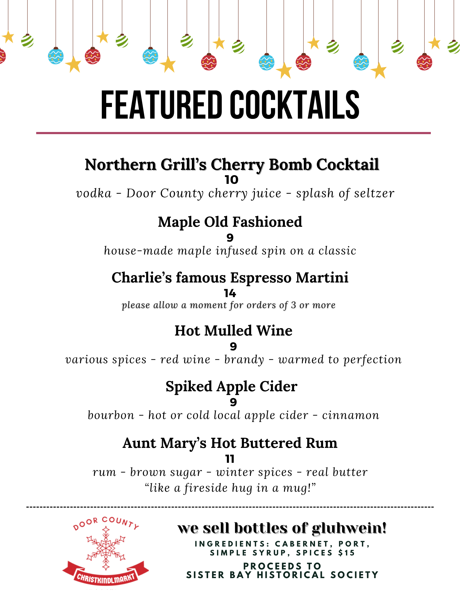 A menu for a restaurant called thirst with draft beer, white wines, and mocktails