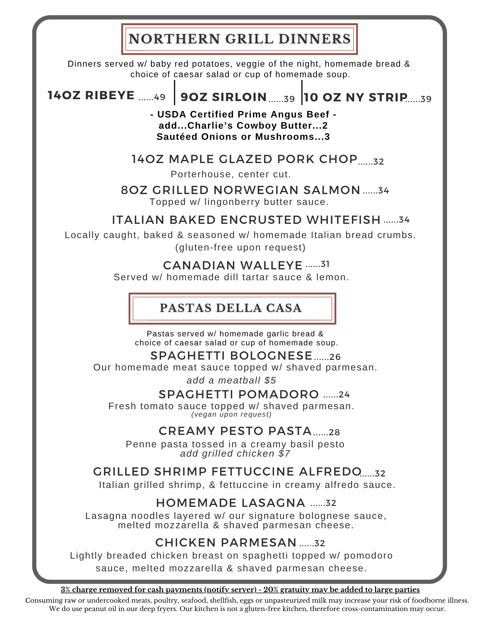 A menu for door county dinners at a restaurant