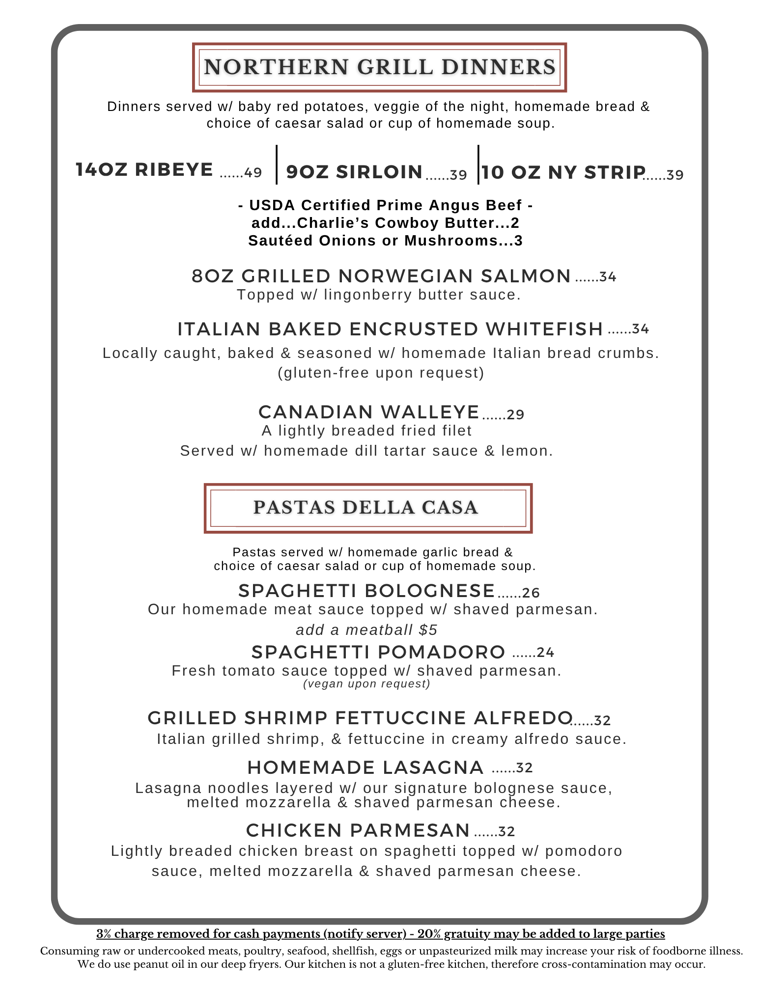 A menu for door county dinners at a restaurant
