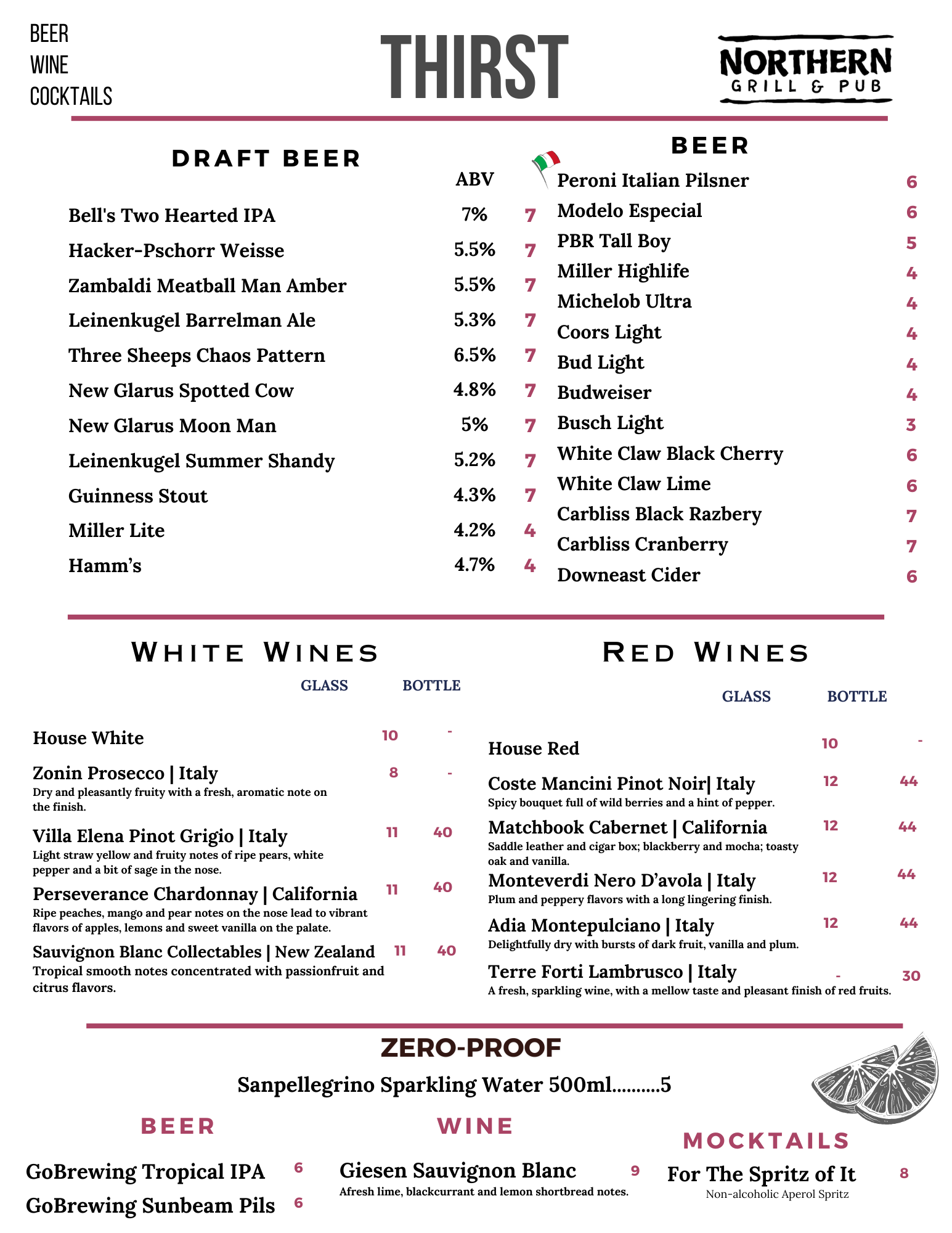A menu for a restaurant called thirst with draft beer, white wines, and mocktails