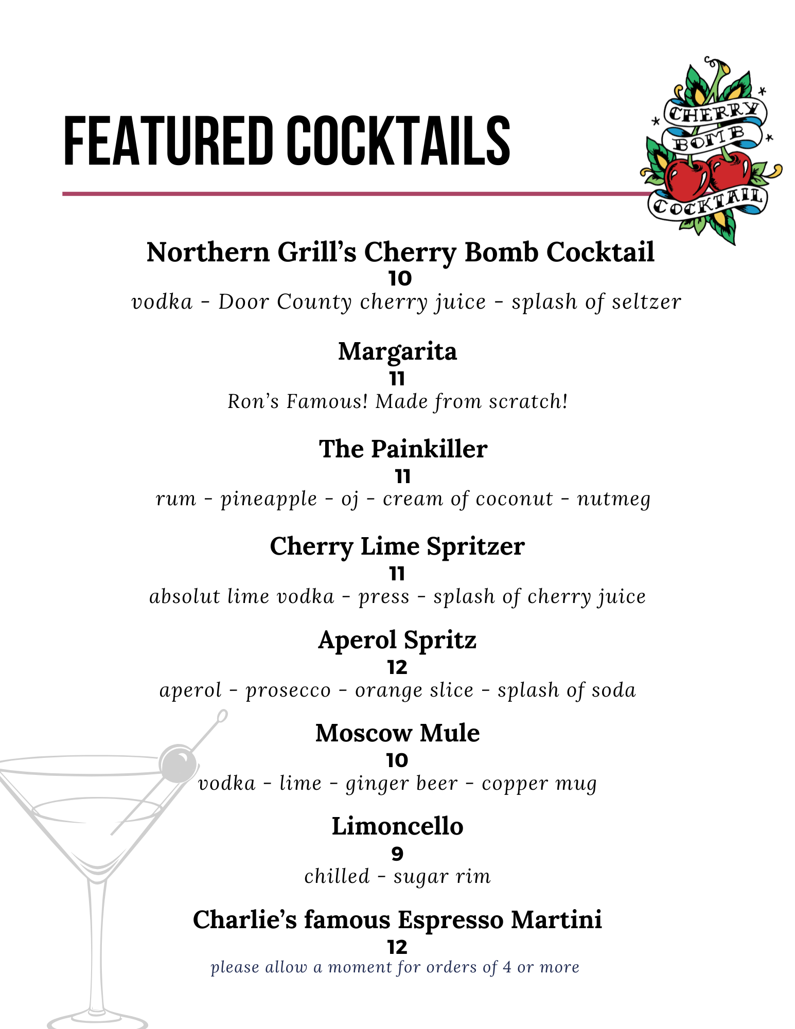 A menu for a restaurant with a list of featured cocktails