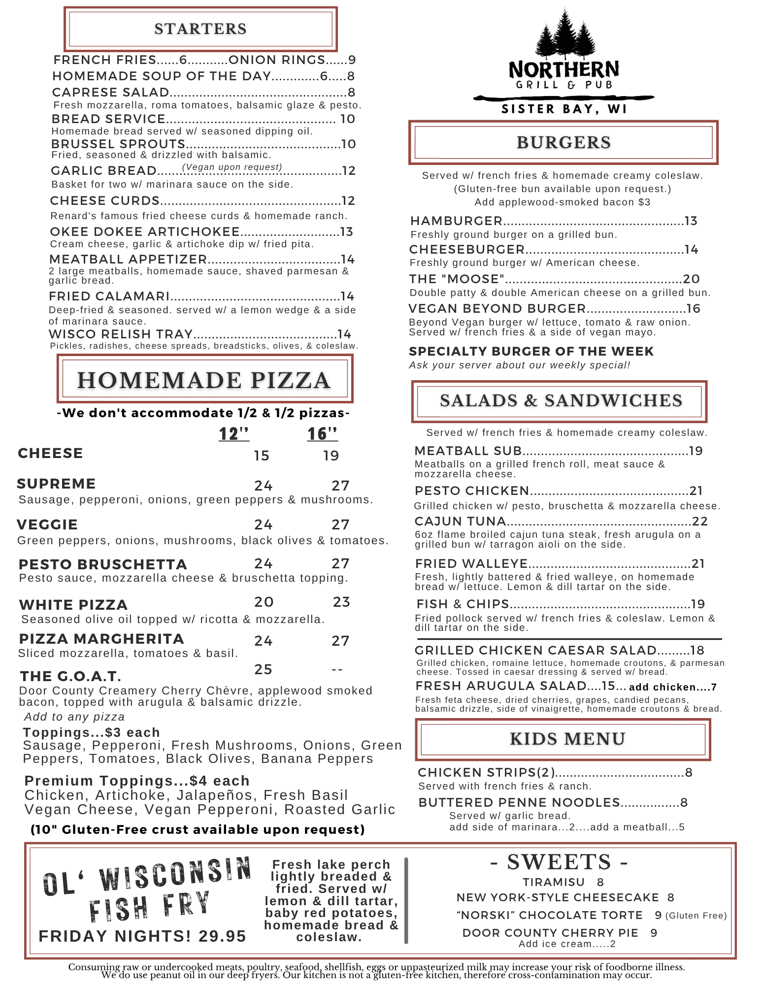 A menu for a restaurant that includes homemade pizza, salads, and sandwiches