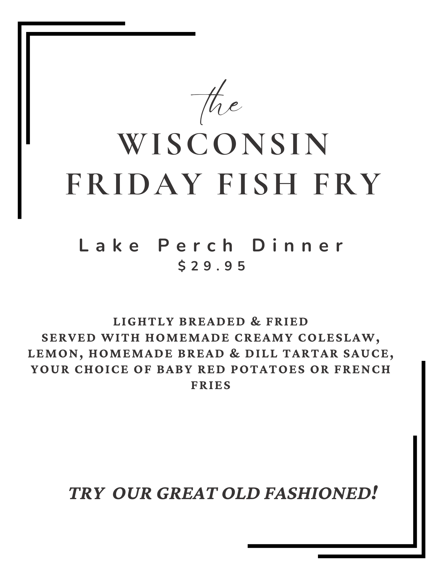A menu for the Wisconsin Friday fish fry lake perch dinner