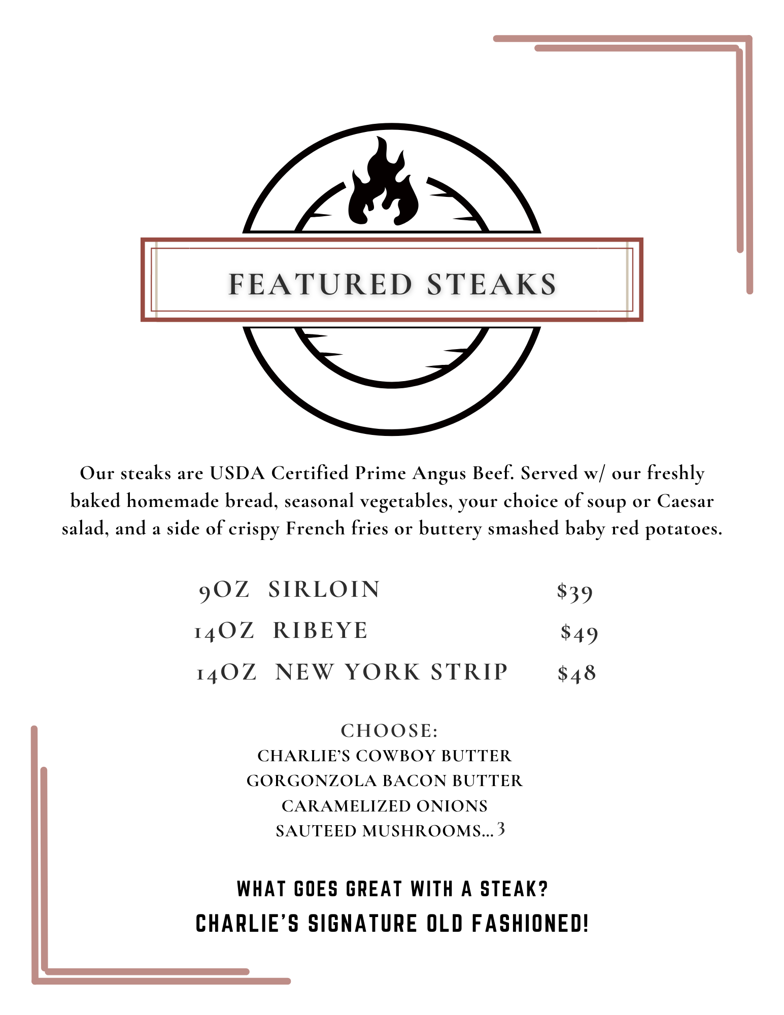 A menu for a restaurant called featured steaks