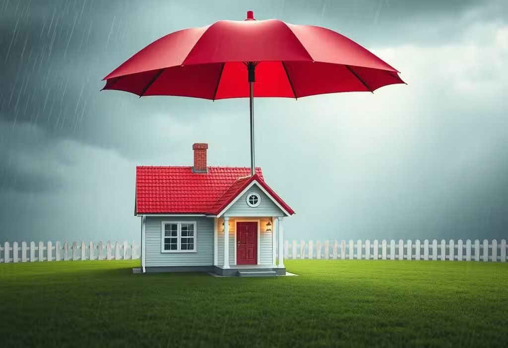 Small white house with red roof under a large red umbrella in the rain