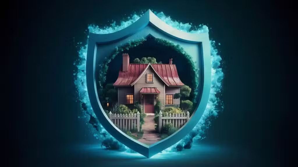A glowing blue shield framing a cozy house with a red roof and white fence.