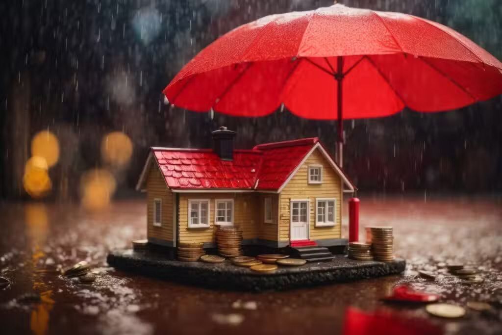 Small house under a red umbrella in heavy rain, with blurred city lights in the background.