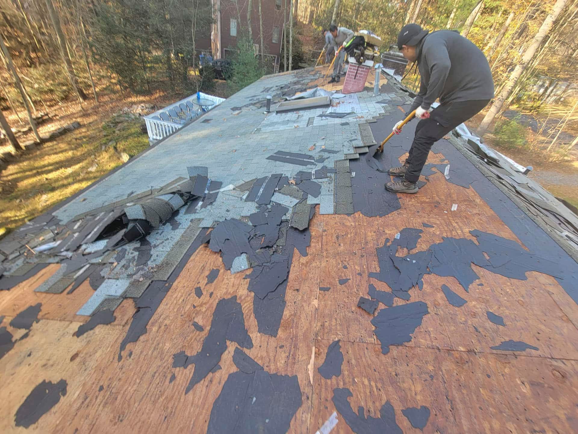 Workers replacing shingles on a steep roof with gray and brown materials in a wooded area