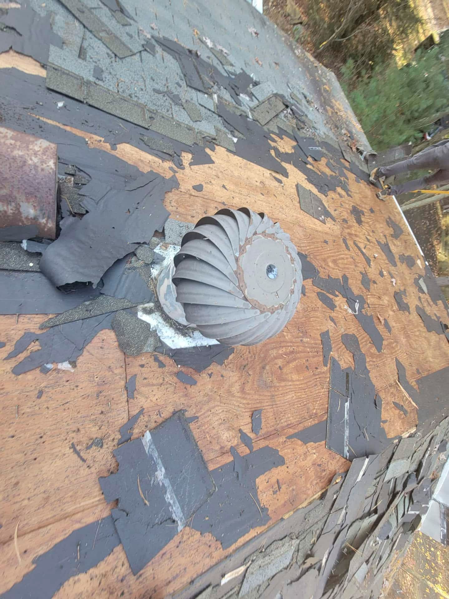 Damaged shingled roof with a metal vent cap and scattered peeling shingles