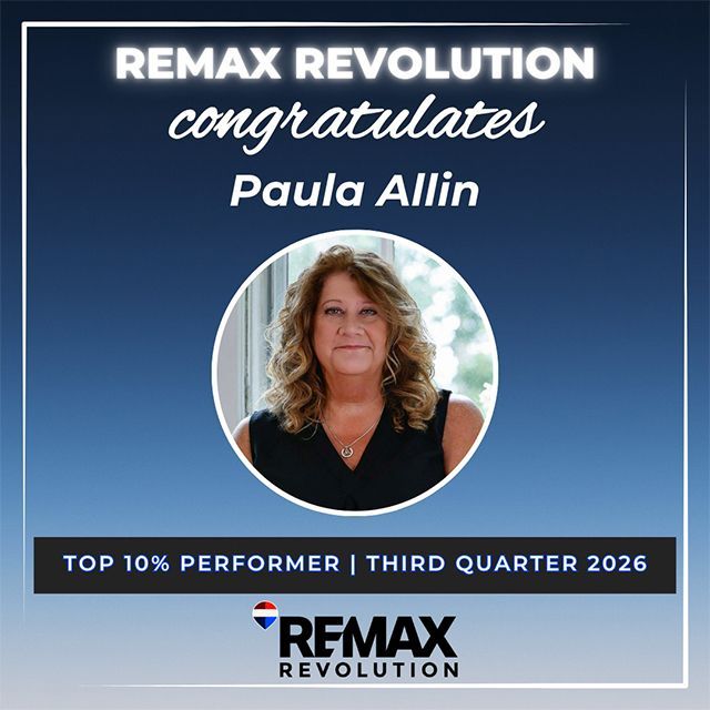 REMAX Revolution congratulates Paula Allin, top 10% performer, third quarter 2026, with portrait on blue background
