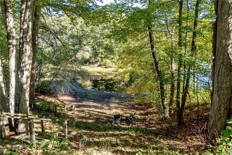 Wooded clearing overlooking a body of water; chairs sit in the sun.