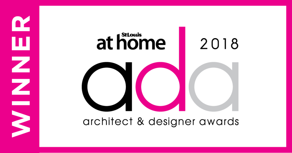 A 2018 Architect & Designer Awards (ada) winner badge featuring the logo and pink side banner on a white background.