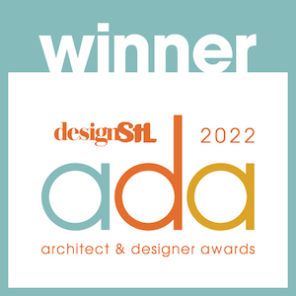 A logo for the 2022 designStL Architect & Designer Awards, featuring the word winner above the colorful ada acronym.