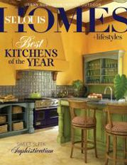 St. Louis Homes & Lifestyles magazine cover featuring a warm yellow kitchen with green cabinets and a breakfast bar