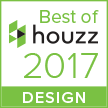A white square badge with a green border, featuring a green logo, the text Best of houzz 2017, and DESIGN at the bottom.